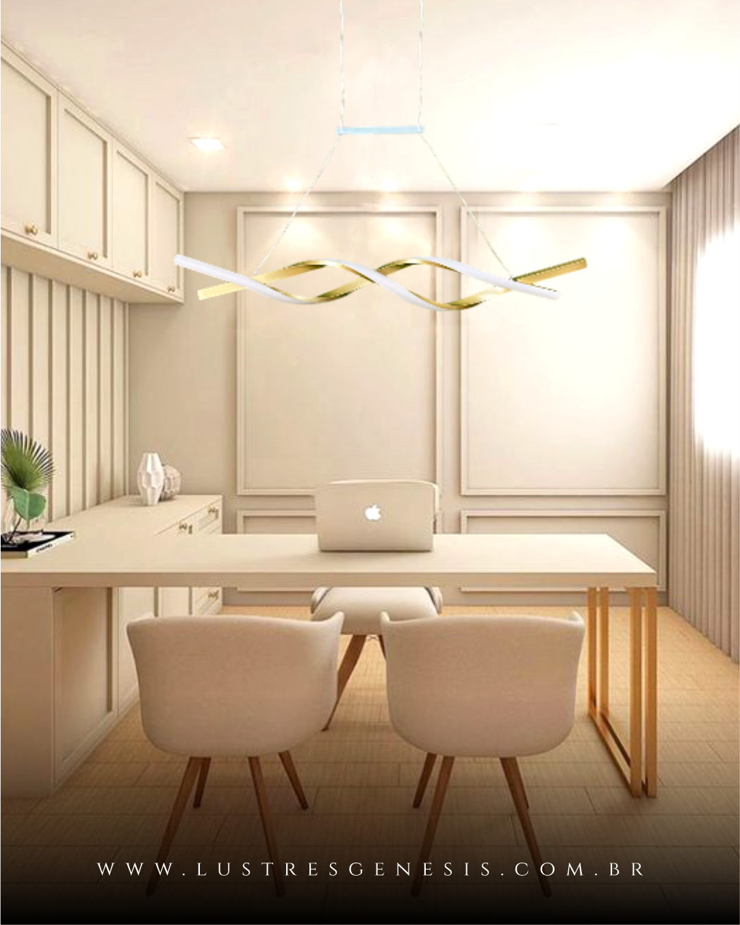 Lustre Pendente de LED Moderno Infinito Dourado instalado em uma sala de jantar moderna com mesa de madeira e cadeiras acolchoadas DCD03029  Lustres G&ecirc;nesis - o melhore site da Internet para comprar Lustre